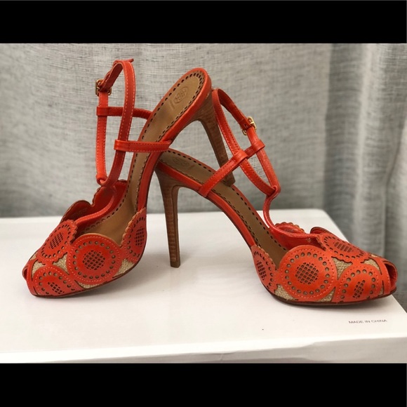 Tory Burch Orange leather and Jute T strap heels - Picture 8 of 11